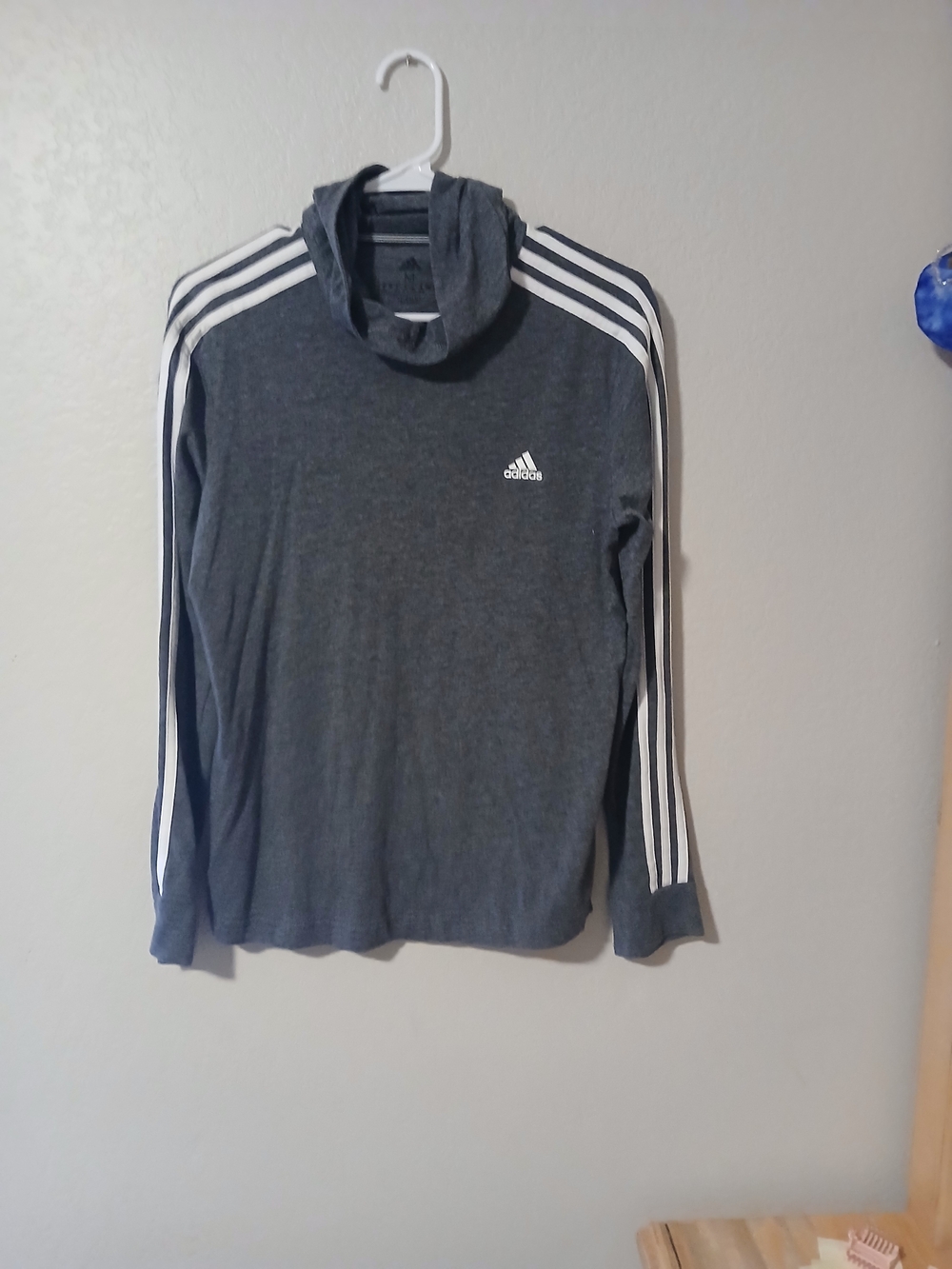 adidas  Charcoal Gray Hooded Long Sleeve Top with White 3-Stripes